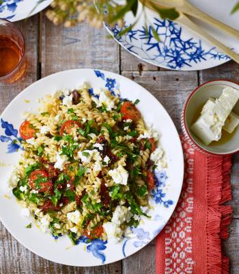 Triple tomato pasta salad with feta