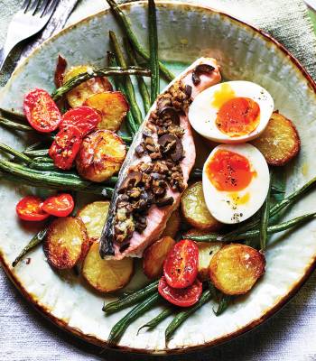 Roasted salmon Niçoise with soft-boiled eggs