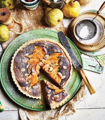 Pear and chocolate Bakewell tart