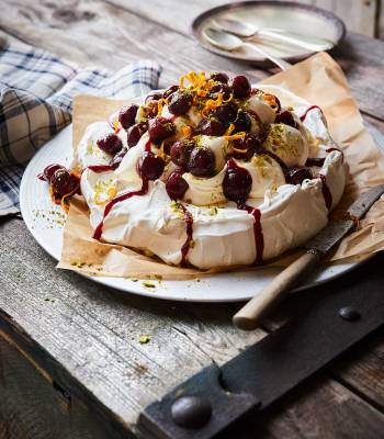 Cherry and pistachio pavlova