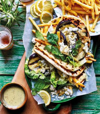 Barbecued aubergine, pesto & feta gyros