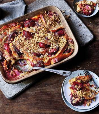 Roasted plum bread and butter crumble