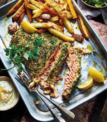 Herb-crusted salmon with garlic fries 