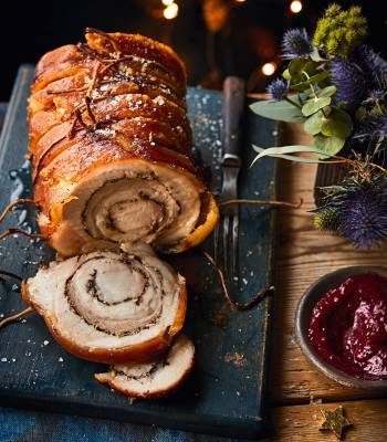 Japanese seven-spice pork belly with cranberry and orange ketchup