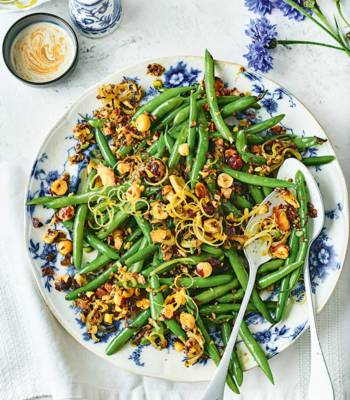 Roasted green beans with spiced hazelnut crumb and tahini