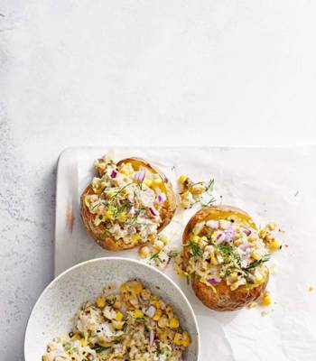 Vegan chickpea 'tuna' baked potatoes