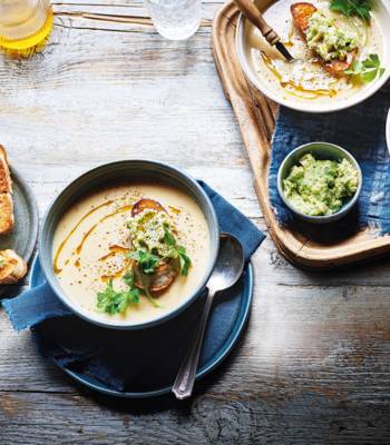 White onion soup with whipped Brie toasts