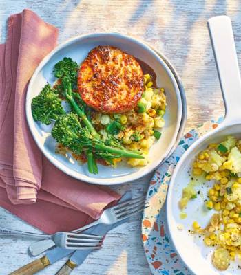 Honey-mustard bacon steaks with sweetcorn crush