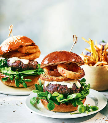 Beef and porcini burger with truffle mayo and crispy onion rings 