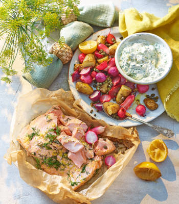 Lemony warm salmon salad