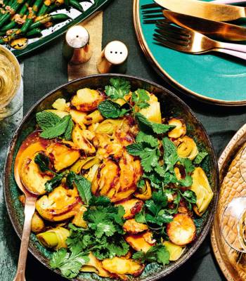 Roast potatoes and charred leeks with lime pickle dressing