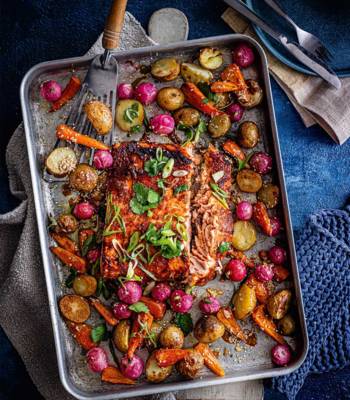 Miso salmon and vegetable traybake