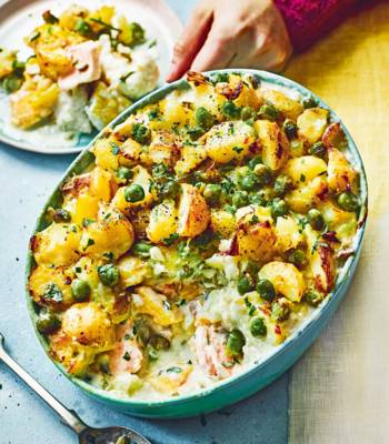 Fish pie with a mushy-pea topping
