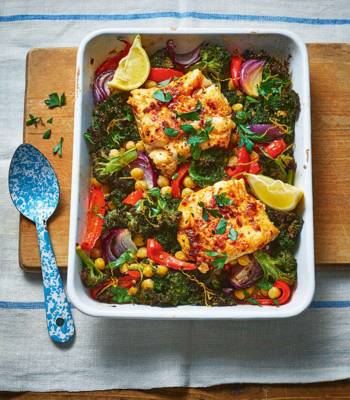Harissa cod, chickpea and kale bake