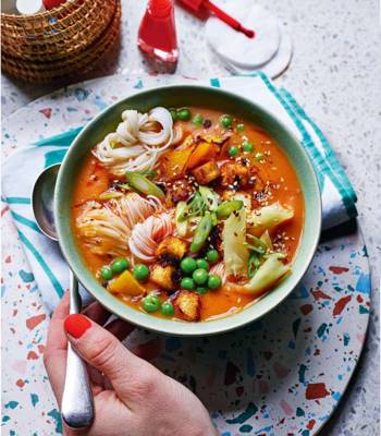 Sticky gochujang and roasted squash noodle soup 
