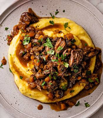 Slow-cooked beef shin with creamed polenta