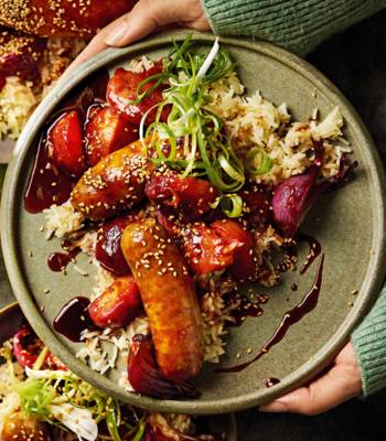 Five-spice sausages with sticky plums