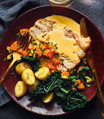 Seared cod, clementine Maltaise sauce and olive salsa