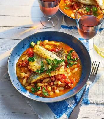 Sea bass, chorizo and cannellini beans