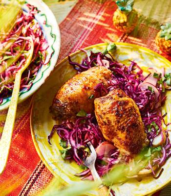 Sorrel and ginger chicken thighs with herby slaw