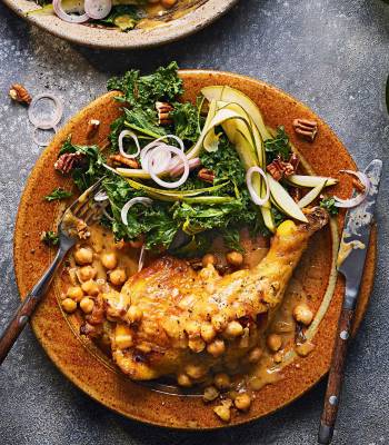 Cider-braised chicken with kale and pear salad
