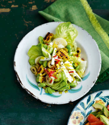 Spicy broad bean, corn and olive salad
