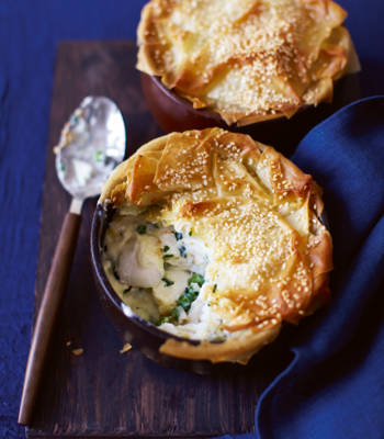 'Skinny' fish, pea and parsley pies with sesame pastry 