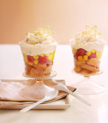 Mango, raspberry and passionfruit meringue trifles