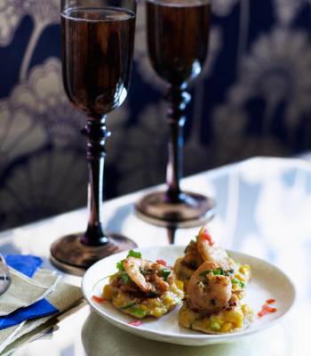 Corn fritters with prawn, coconut, peanut and chilli sambal 