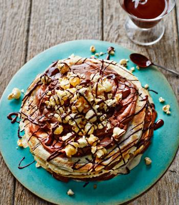 Chocolate popcorn pancake stack
