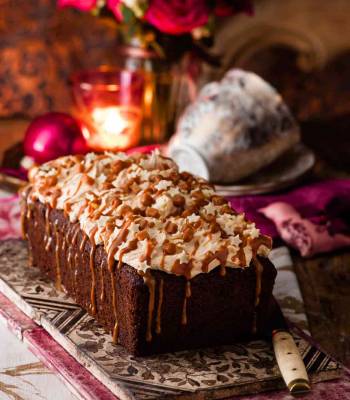 Butterscotch date loaf cake with caramel icing