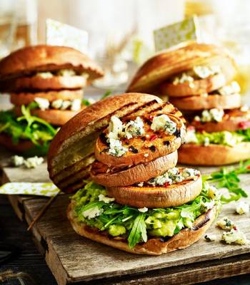 Triple sweet potato and Stilton ‘burgers’ with avocado mash 