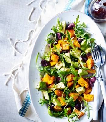 Roasted squash, olive, avocado and rocket salad