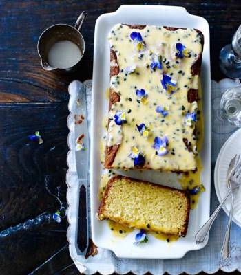 White chocolate loaf cake with passion fruit drizzle