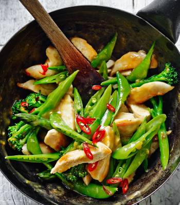 Orange sticky chicken with three green veg
