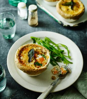Butternut squash, Stilton and kale pies with walnut pastry