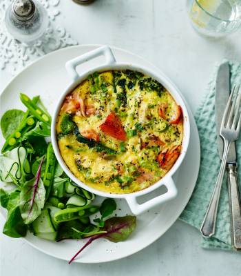 Honey roast salmon and broccoli crustless quiche