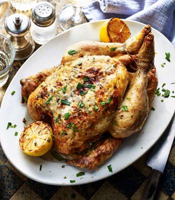 Roast chicken stuffed with lemony goats’ cheese and tarragon