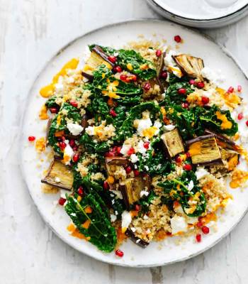 Feta, aubergine, pomegranate and harissa salad