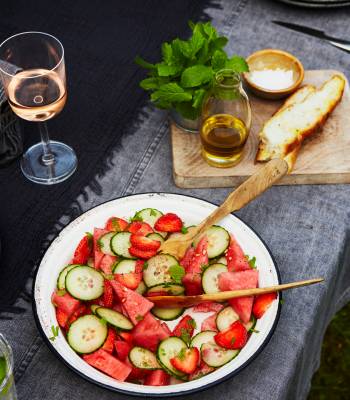 John Whaite's watermelon, cucumber and strawberry salad with gin splash