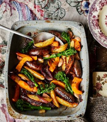 Venison sausage and squash traybake 