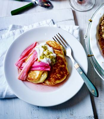 Ricotta pancakes with roasted rhubarb and passion fruit