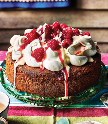 Raspberry and custard poke cake