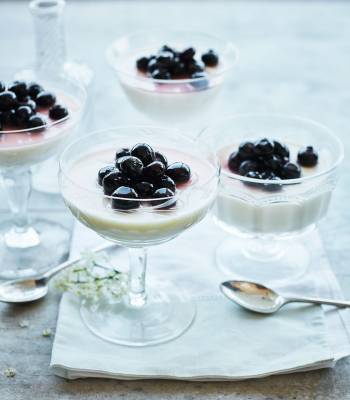 Elderflower panna cotta with glazed blueberries