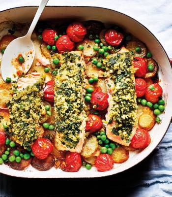 Jalapeno-crusted salmon traybake