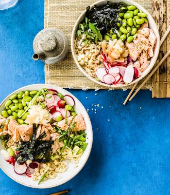 Salmon, egg and brown rice bowls