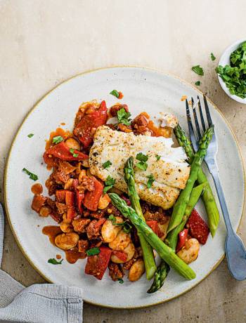 Butter bean, pepper and chorizo sauté with seared cod and asparagus