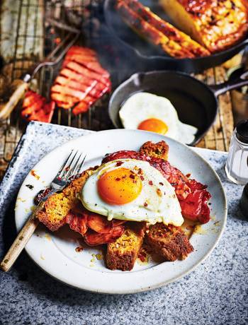 BBQ cornbread with chilli honey, maple-glazed gammon and eggs