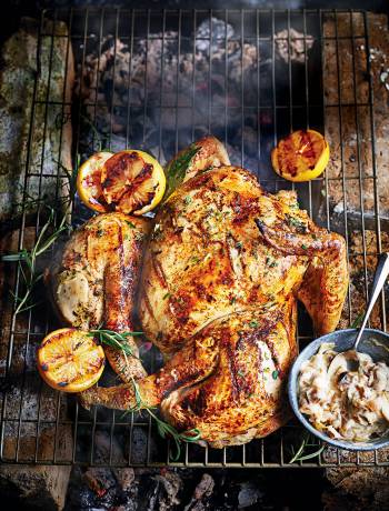 Spatchcock BBQ chicken with burnt onion aïoli and caramelised lemons