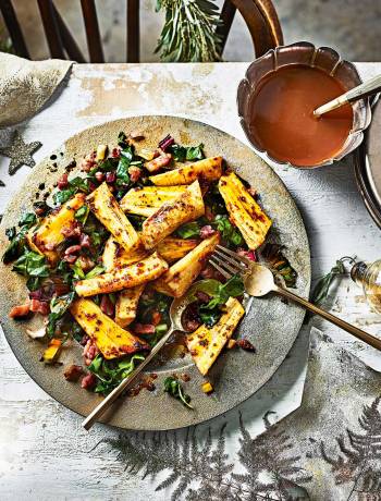 Honey-mustard parsnips with bacon and chard 